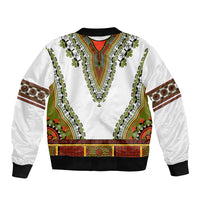 Unisex bomber jacket, white with ornate dashiki V-neck placket and colorful stripes, black trim