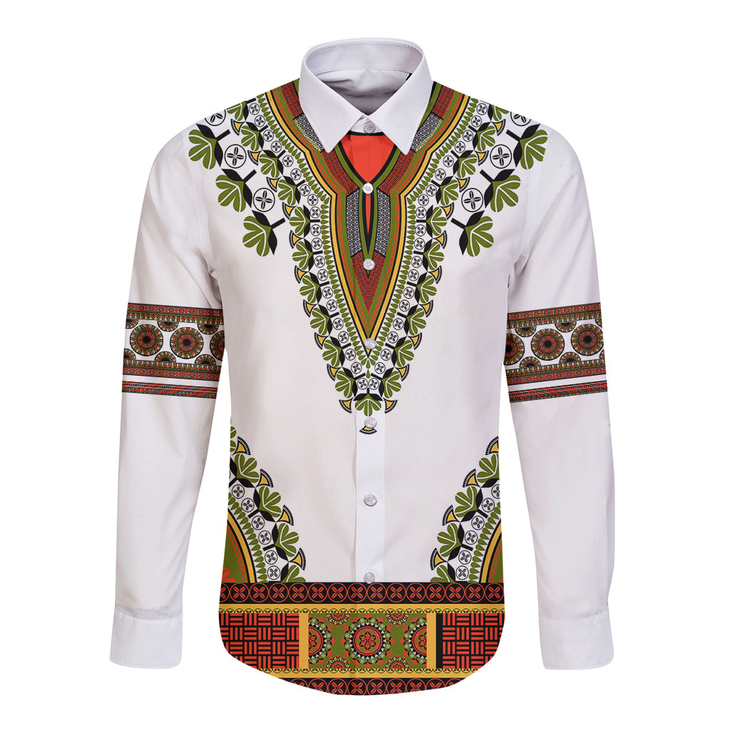Long-sleeve dashiki button shirt with V yoke and colorful pattern trim, front view