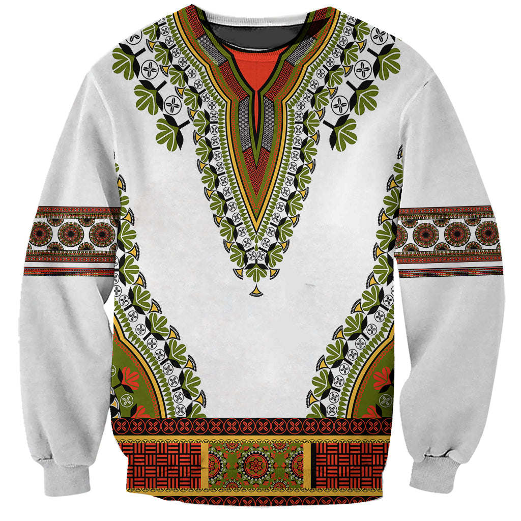 Unisex dashiki-style sweatshirt, white with green, red, and gold tribal pattern