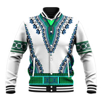 Turquoise and green dashiki baseball jacket with white body, striped rib cuffs, snap front