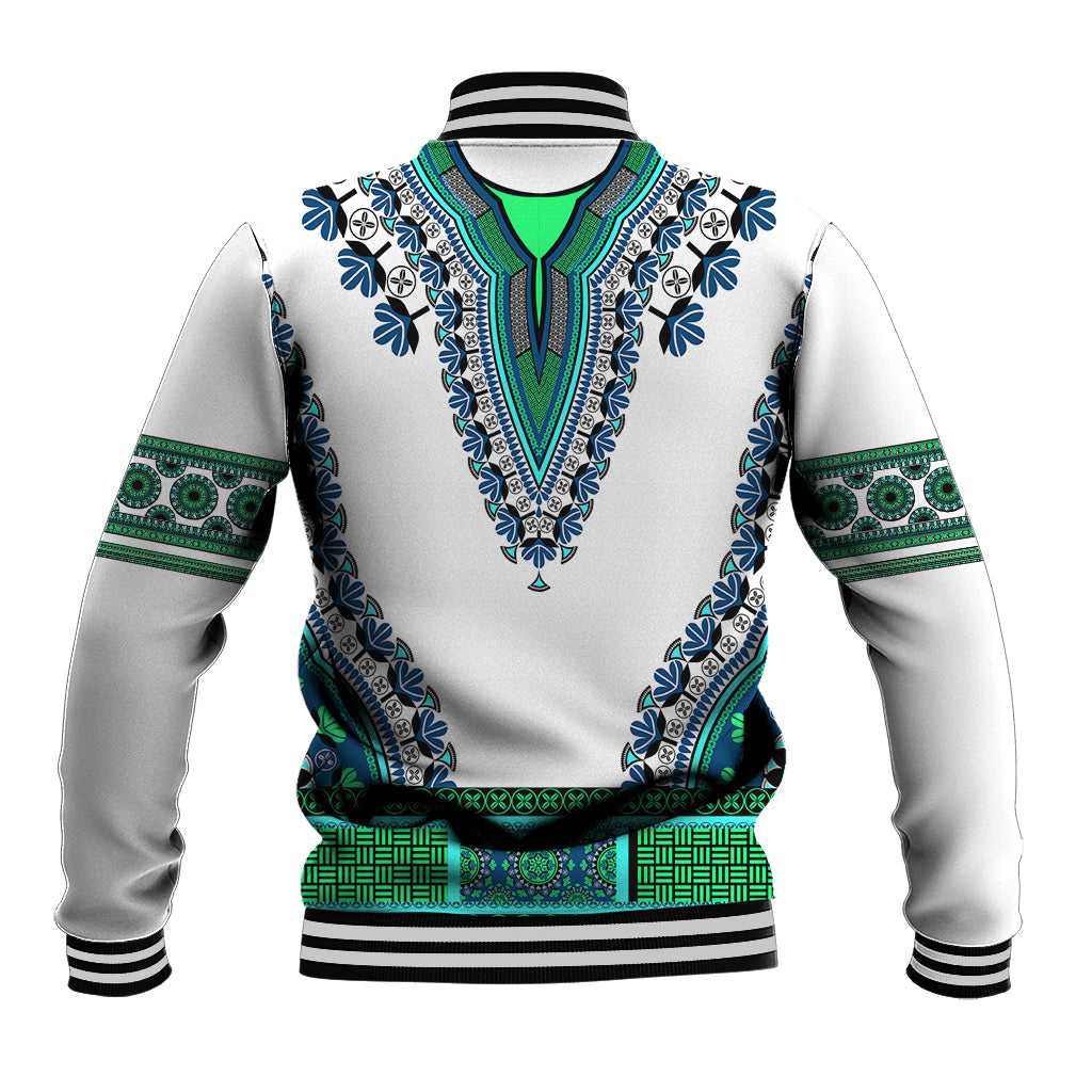 White baseball jacket with turquoise dashiki trim, ribbed collar and cuffs, patterned hem band