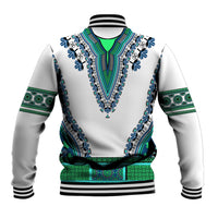 White baseball jacket with turquoise dashiki trim, ribbed collar and cuffs, patterned hem band