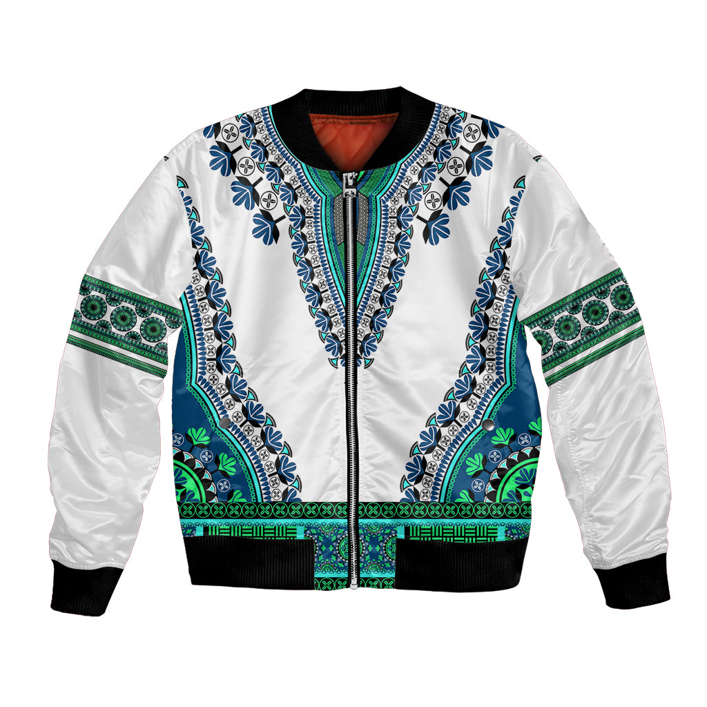 Unisex bomber jacket in white with turquoise V dashiki yoke and zip front