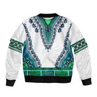 White bomber jacket with turquoise and green patterned sleeves, ribbed collar, zip front