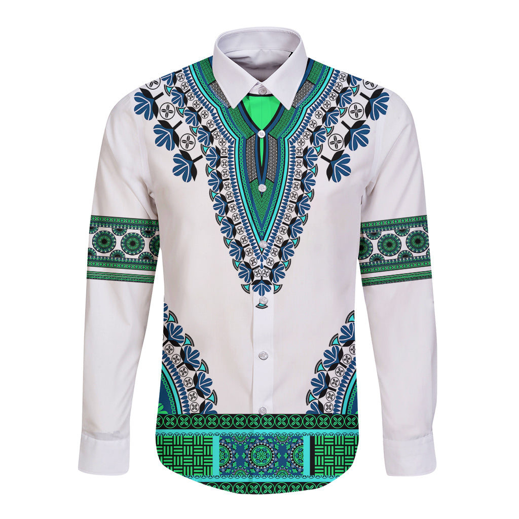Unisex long-sleeve button shirt with turquoise-green dashiki V-panel and white base