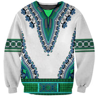 Unisex sweatshirt with turquoise and green dashiki-style pattern, white base.