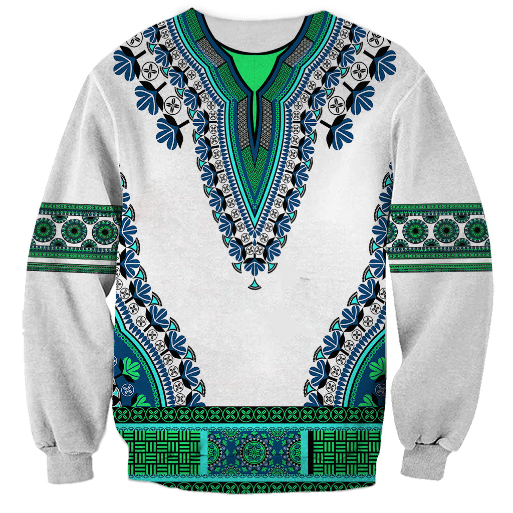 Unisex sweatshirt with V-shaped turquoise dashiki embroidery, white base.