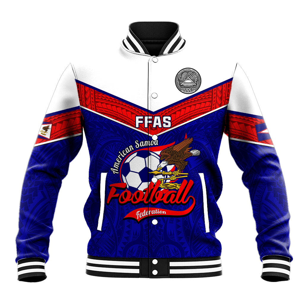 Blue baseball jacket with red yoke, snap front, ribbed collar, striped cuffs; football graphic