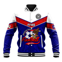 Blue baseball jacket with red yoke, snap front, ribbed collar, striped cuffs; football graphic