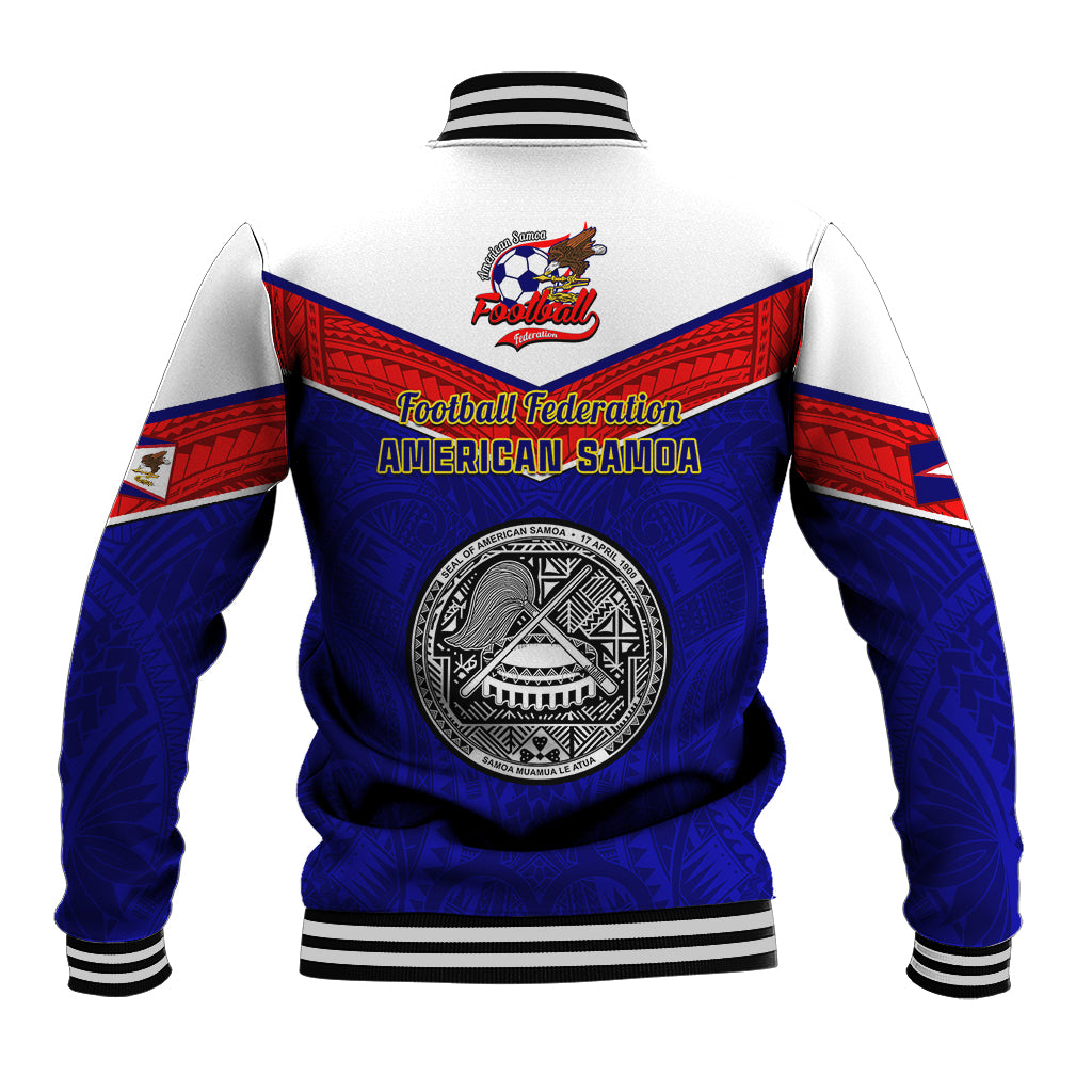 Blue baseball jacket back with red shoulders, ribbed collar and striped cuffs; football emblem