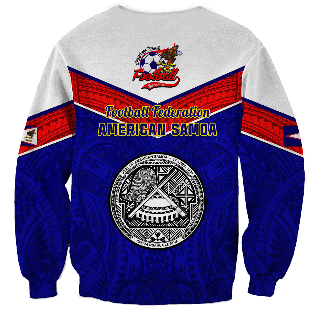Unisex football sweatshirt with blue-and-gray back panel and large circular crest