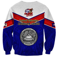 Unisex football sweatshirt with blue-and-gray back panel and large circular crest