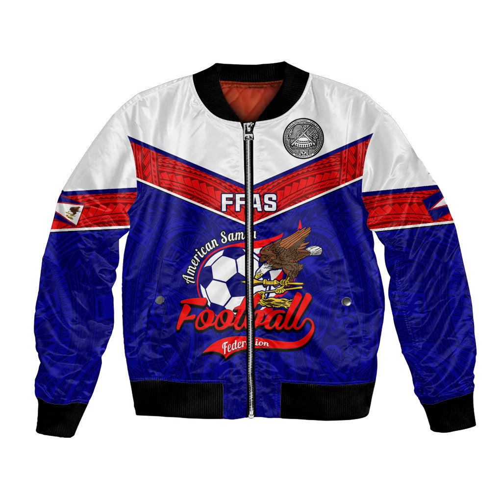 Blue and white American football bomber jacket with full-zip front and Polynesian graphic