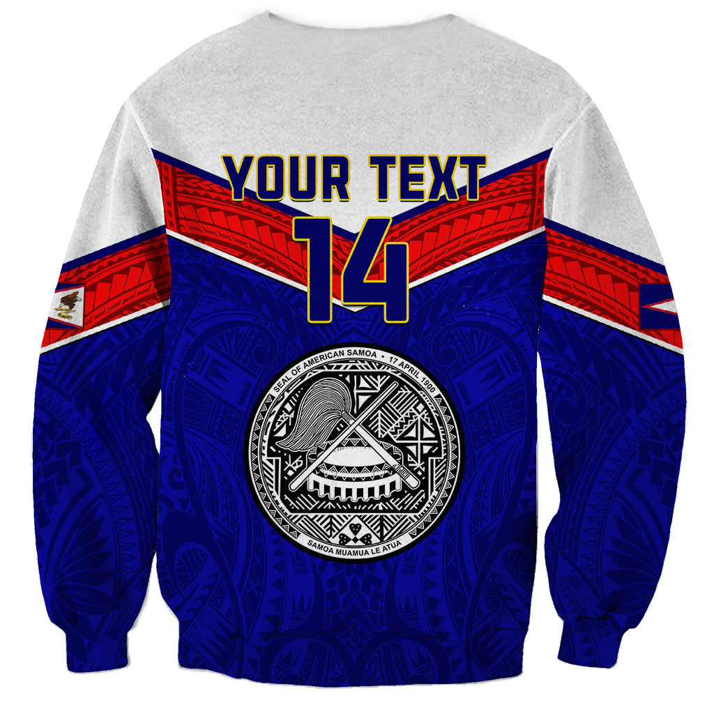American Samoa football sweatshirt back in blue and gray with emblem and red stripe, YOUR TEXT 14