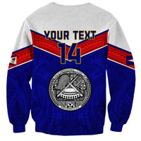 American Samoa football sweatshirt back in blue and gray with emblem and red stripe, YOUR TEXT 14
