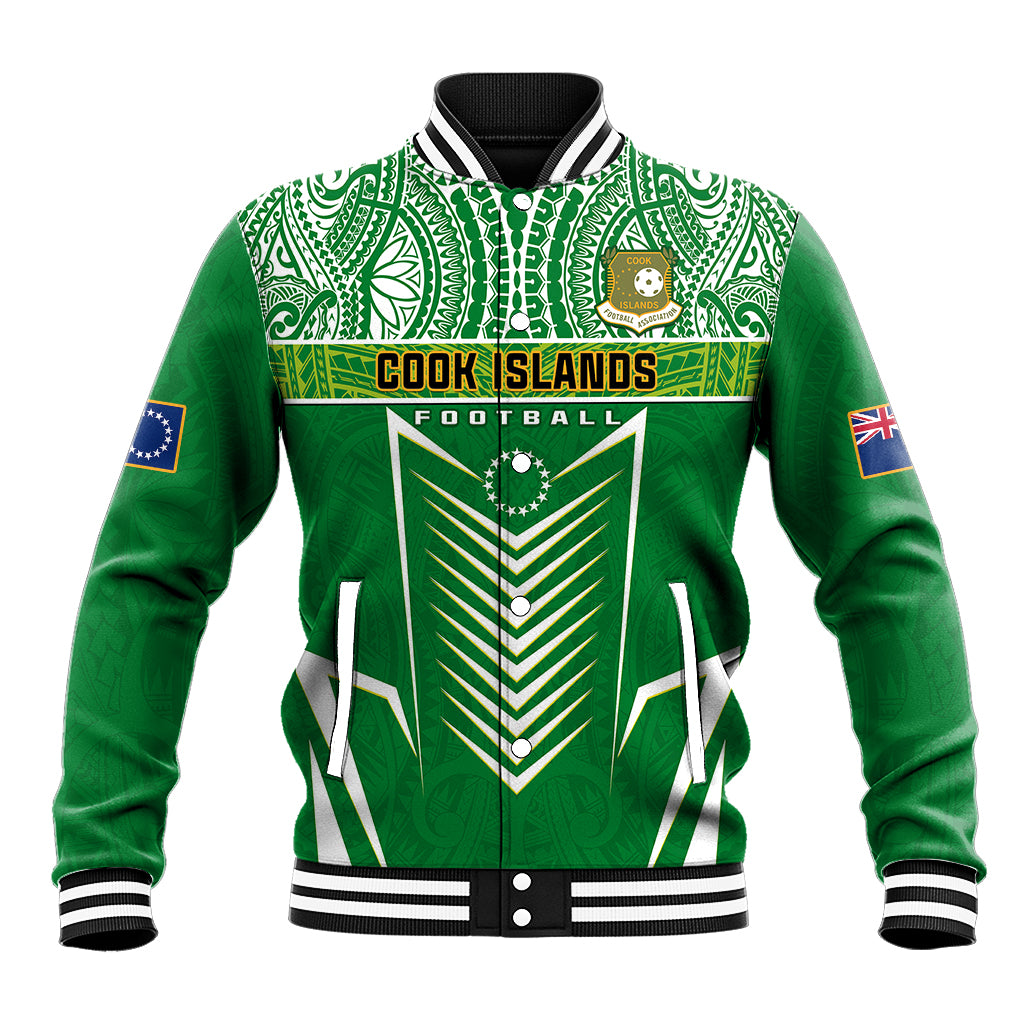 Green baseball varsity jacket with striped collar, button front, and Cook Islands Football graphic