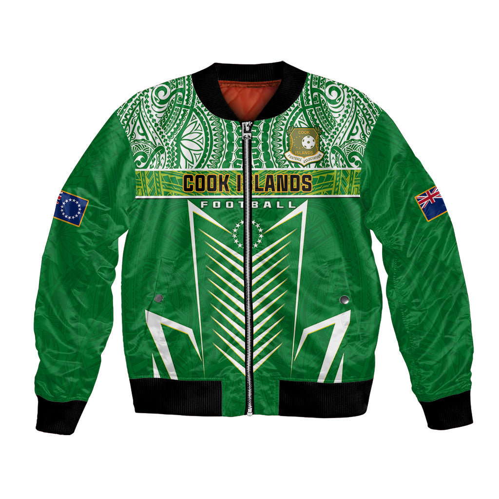 Green bomber jacket with zip front, ribbed cuffs, and Polynesian-style front graphic