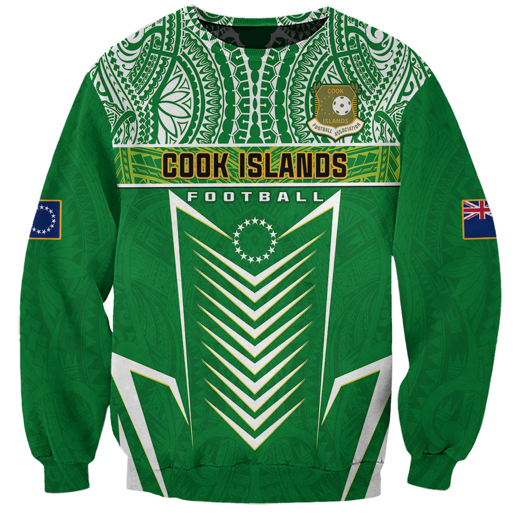 Green crewneck football sweatshirt with 'Cook Islands Football' graphic and flag sleeve patches