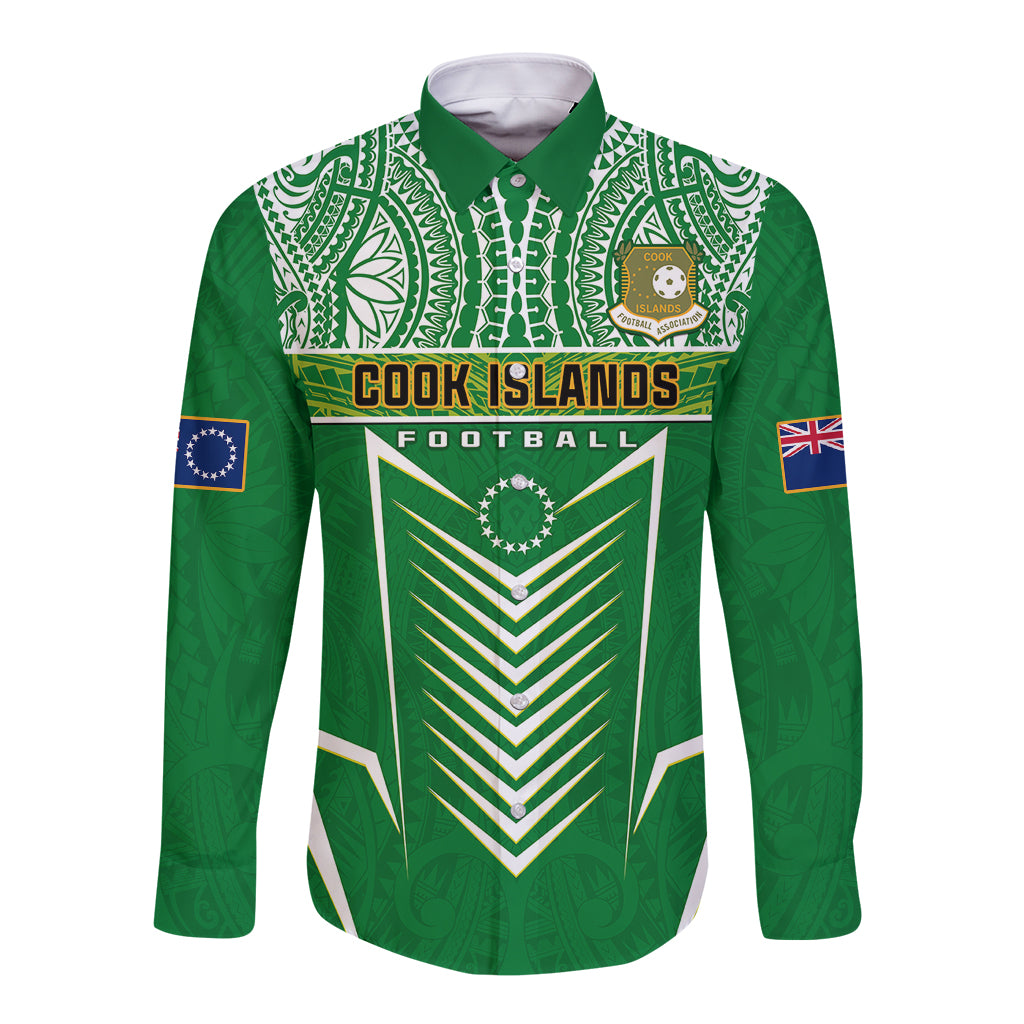 Green long-sleeve button football shirt with Cook Islands crest and flag patches