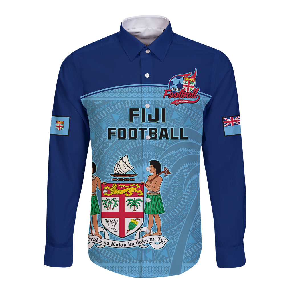 Blue long-sleeve button football shirt with Fiji tapa pattern front graphic