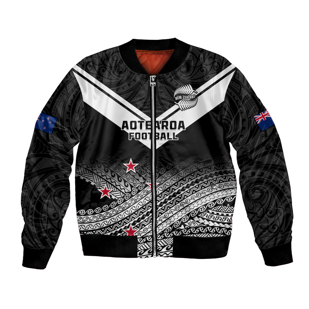 Black bomber jacket with Maori fern pattern, front zip, Aotearoa Football logo