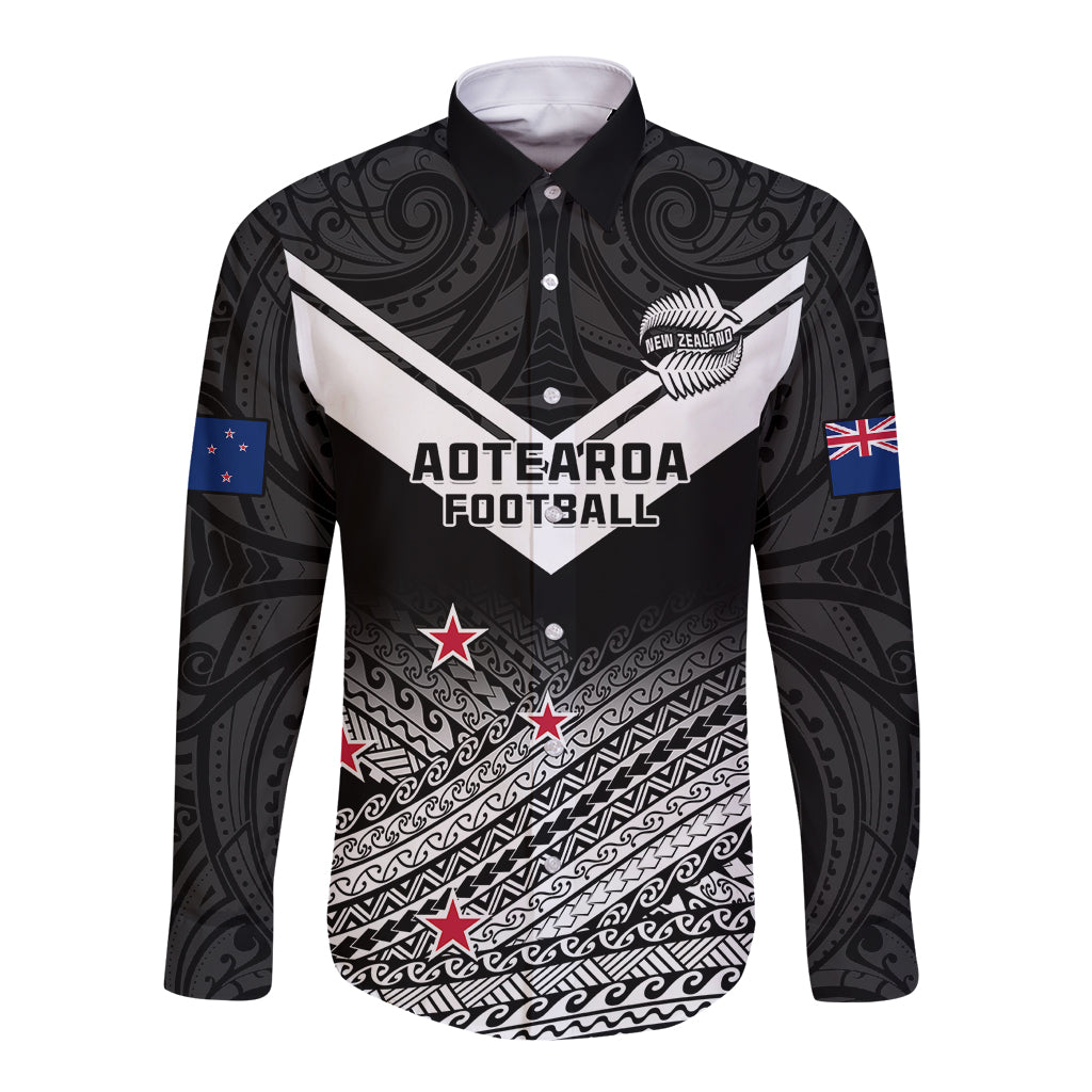 Black long-sleeve button shirt with Maori fern emblem, tribal pattern and stars
