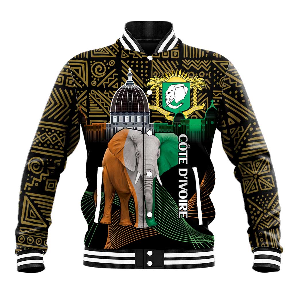 Black baseball jacket with ribbed collar, striped cuffs, gold geometric pattern, elephant crest