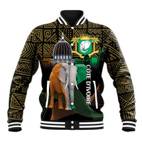 Black baseball jacket with ribbed collar, striped cuffs, gold geometric pattern, elephant crest