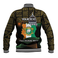Black baseball jacket back with elephant crest, flag graphic, gold geometric trim, striped hem