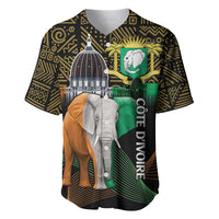 Black baseball jersey with Ivory Coast elephant crest, dome landmark, and green map panel
