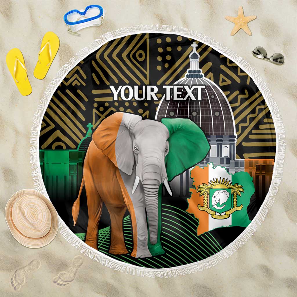 Round beach blanket with tassel fringe, black elephant graphic and 'YOUR TEXT'