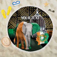 Round beach blanket with tassel fringe, black elephant graphic and 'YOUR TEXT'