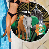 Round beach blanket with tassel fringe, black elephant graphic and 'YOUR TEXT' close view