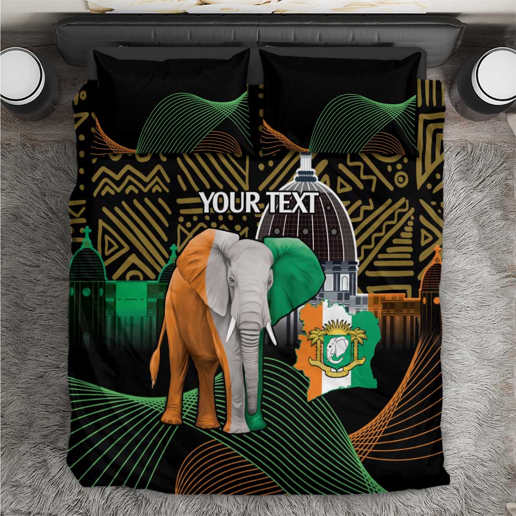 Black duvet cover set with elephant image, “YOUR TEXT” title, and gold wave patterns