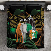 Black duvet cover set with elephant image, “YOUR TEXT” title, and gold wave patterns