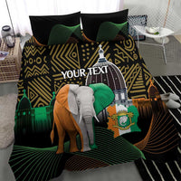 Black duvet cover set with elephant artwork, gold geometric pattern, and “YOUR TEXT”