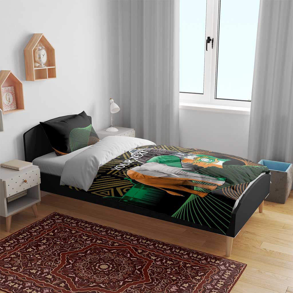 Black bedding set with elephant and country crest print, gold tribal pattern, green lines