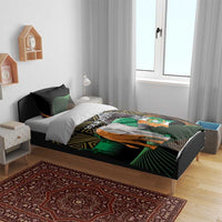 Black bedding set with elephant and country crest print, gold tribal pattern, green lines