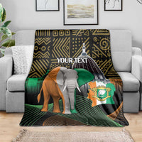 Ivory Coast elephant blanket with YOUR TEXT over black-green geometric lines and arch