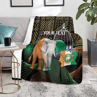 Elephant graphic blanket with YOUR TEXT and green flag emblem on dark geometric background