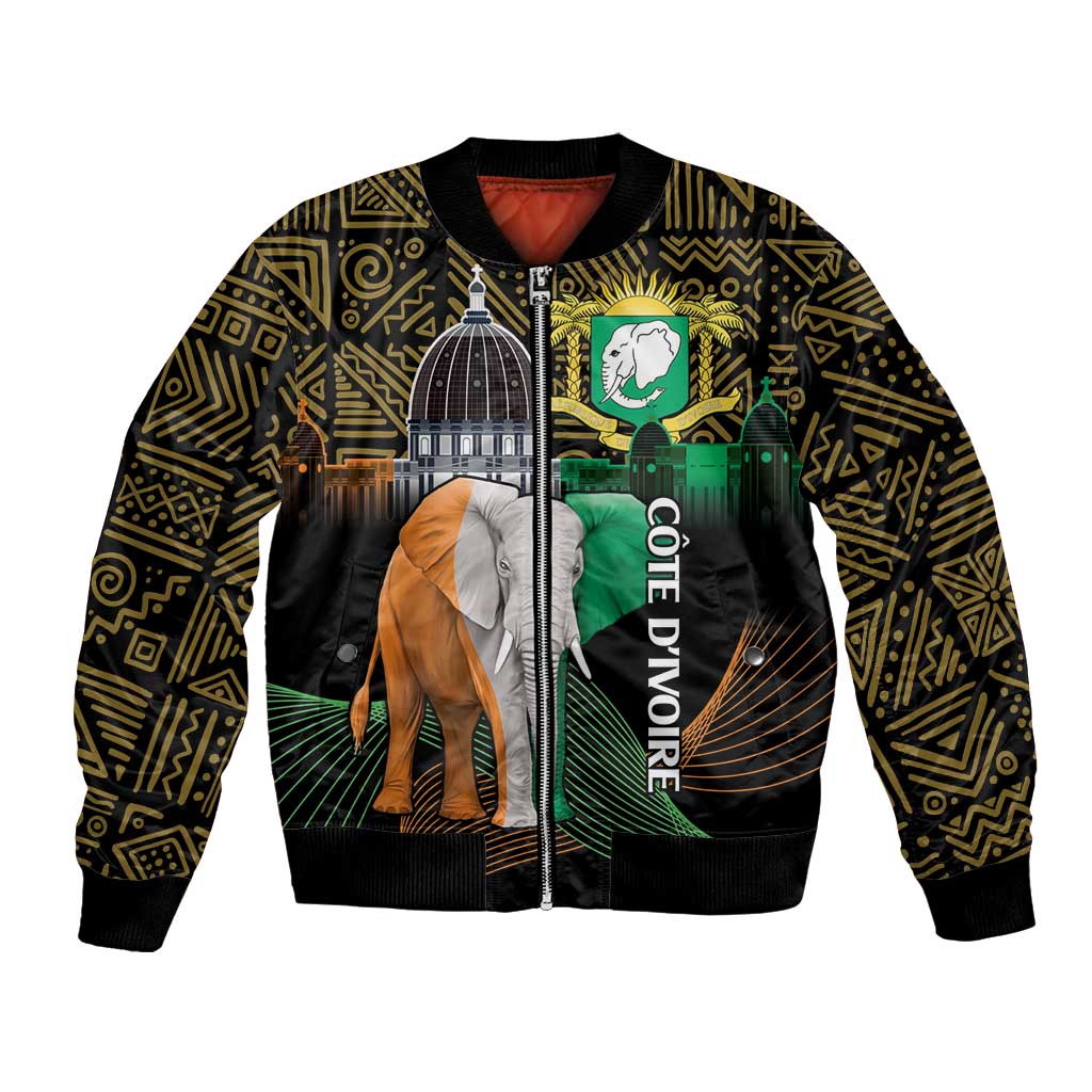 Black bomber jacket with gold geometric pattern and elephant crest graphic