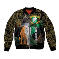 Black bomber jacket with gold geometric pattern and elephant crest graphic