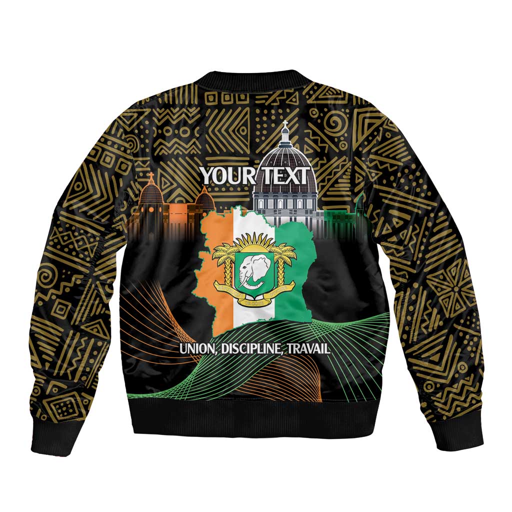 Black bomber jacket with elephant crest, domed tower art, and YOUR TEXT