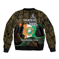 Black bomber jacket with elephant crest, domed tower art, and YOUR TEXT