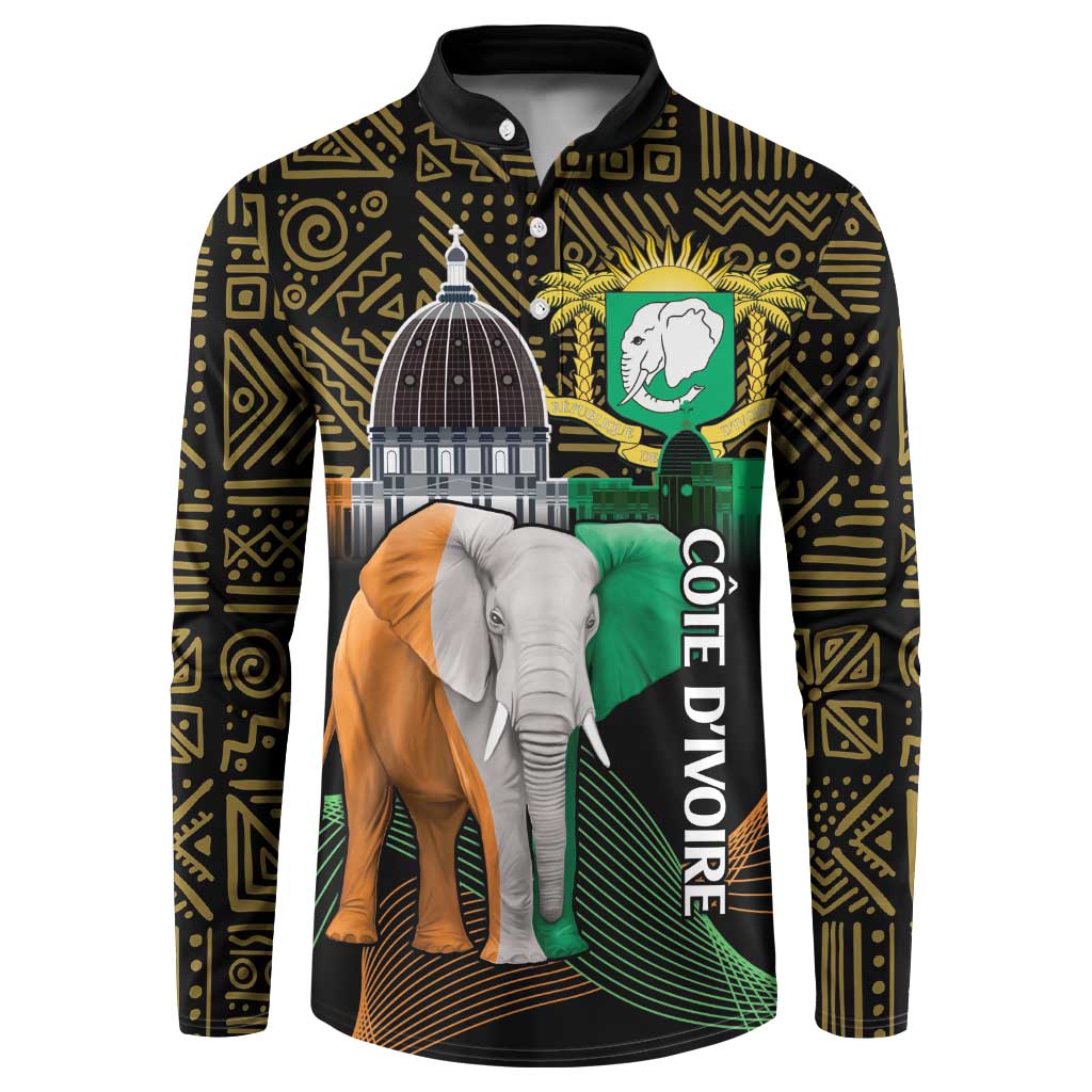 Black button sweatshirt with Cote d'Ivoire elephant graphic and geometric print