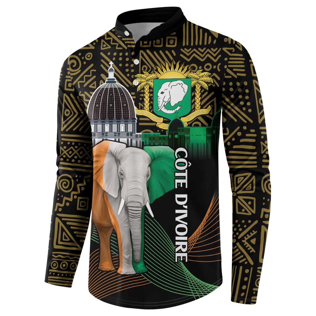 Black button-front sweatshirt with Cote d'Ivoire elephant and African pattern