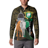Black button sweatshirt with Côte d'Ivoire elephant graphic and gold pattern