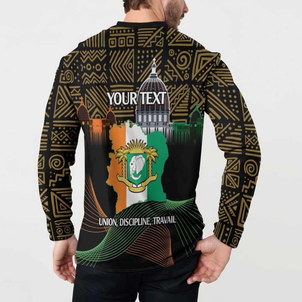 Black long-sleeve button sweatshirt back with 'YOUR TEXT', map crest, and slogan
