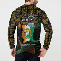 Black long-sleeve button sweatshirt back with 'YOUR TEXT', map crest, and slogan