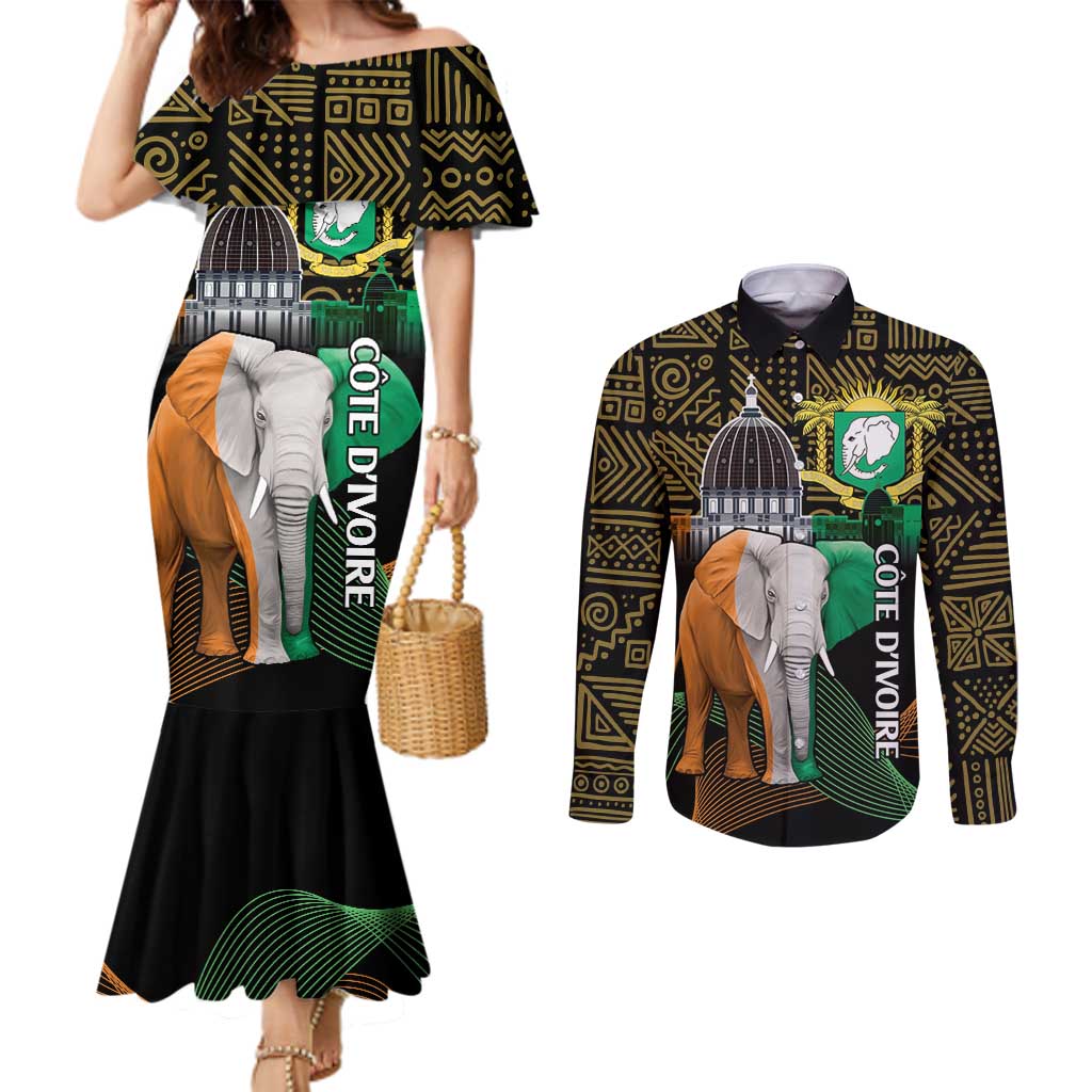 Personalized Cote dIvoire Independence Day Couples Matching Mermaid Dress and Long Sleeve Button Shirt Ivory Coast Elephant African Pattern